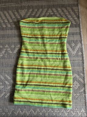 White Fox Strapless Lime Green Striped Knit Mini Dress